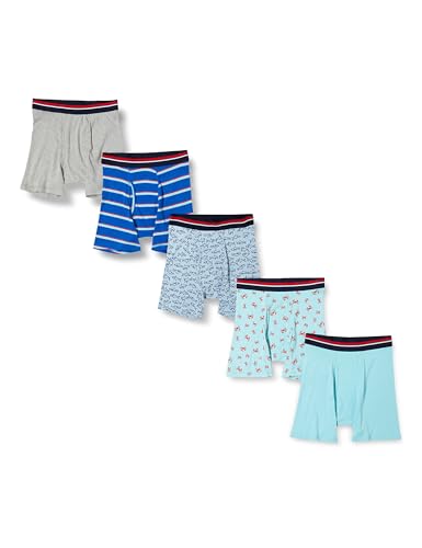 Amazon Essentials Herren Unterwäsche-Boxershorts, Bequeme Baumwolle, Ohne Etikett, 5er-Pack, Blau Streifen/Grau Meliert/Haifische/Hellblau/Krabben, XL von Amazon Essentials