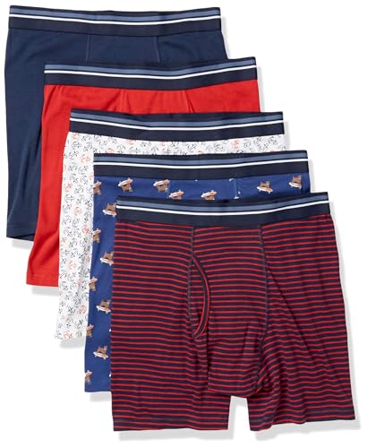 Amazon Essentials Herren Boxershorts Unterwäsche, Bequeme Baumwolle, Ohne Etikett, 5er-Pack, Anker/Hundeaufdruck/Ministreifen, M von Amazon Essentials