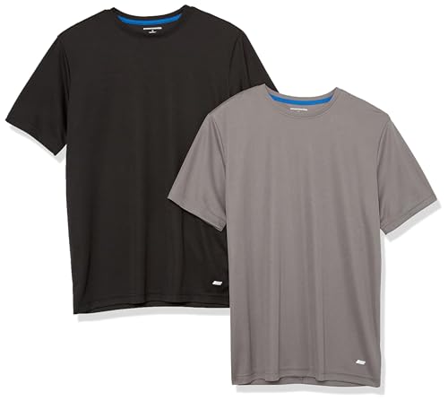 Amazon Essentials Herren Active Performance T-Shirt aus Tech-Stretch (Erhältlich In Big & Tall), 2er-Pack, Mittelgrau/Schwarz, L von Amazon Essentials