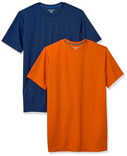 Amazon Essentials Herren Active Performance T-Shirt aus Tech-Stretch (Erhältlich In Big & Tall), 2er-Pack, Orange/Marineblau, L von Amazon Essentials