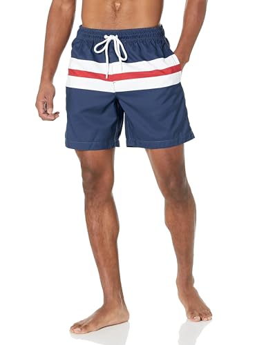 Amazon Essentials Herren Badehose, Schnell Trocknend, 18 cm, Marineblau Rot Weiß Streifen, M von Amazon Essentials