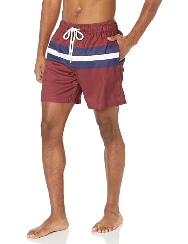 Amazon Essentials Herren Badehose, Schnell Trocknend, 18 cm, Burgunderrot Marineblau Streifen, M von Amazon Essentials