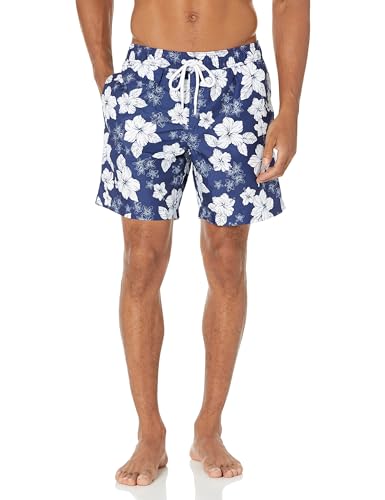 Amazon Essentials Herren Badehose, Schnell Trocknend, 18 cm, Marineblau Hibiskusblume, XL von Amazon Essentials