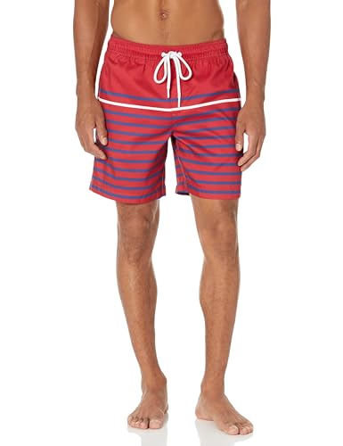 Amazon Essentials Herren Badehose, Schnell Trocknend, 18 cm, Rot Streifen, M von Amazon Essentials