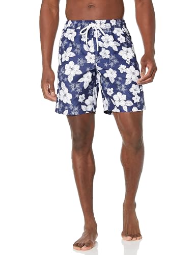 Amazon Essentials Herren Badehose, Schnell Trocknend, 23 cm, Marineblau Hibiskusblume, M von Amazon Essentials