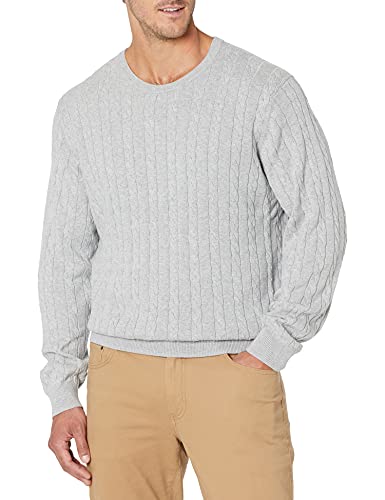 Amazon Essentials Herren Baumwoll-Pullover mit Rundhalsausschnitt und Zopfmuster, Hellgrau Meliert, XL von Amazon Essentials
