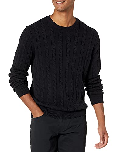 Amazon Essentials Herren Baumwoll-Pullover mit Rundhalsausschnitt und Zopfmuster, Schwarz, L von Amazon Essentials
