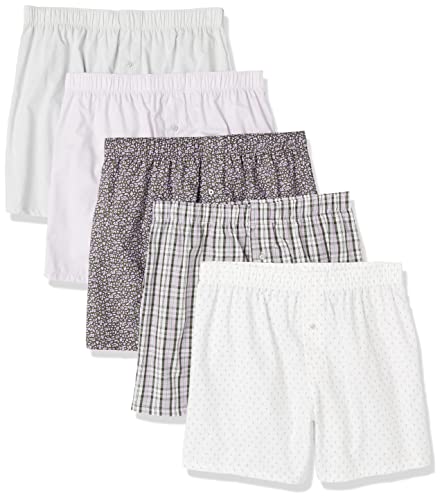 Amazon Essentials Herren Boxershorts Unterwäsche aus gewebter Baumwolle (erhältlich in Übergrößen), 5er-Pack, Arrow Geo/Grellweiß/Karomuster/Olivgrün Streublumen/Weiß, XS von Amazon Essentials