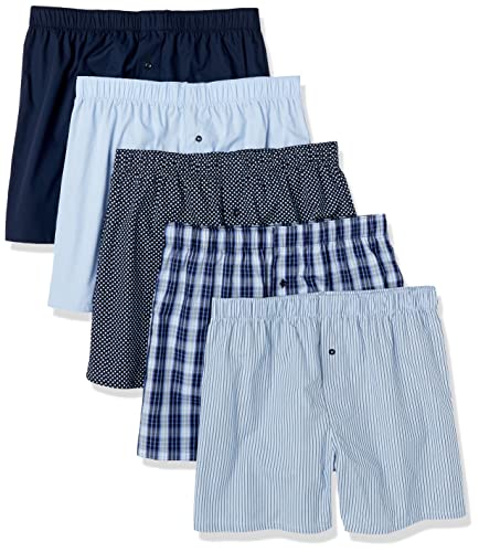 Amazon Essentials Herren Boxershorts Unterwäsche aus gewebter Baumwolle (erhältlich in Übergrößen), 5er-Pack, Blau Streifen/Dunkelblau Karomuster/Himmelblau/Marineblau/Schwarz, XXL von Amazon Essentials