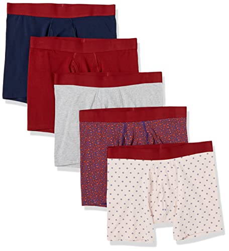 Amazon Essentials Herren Boxershorts aus Baumwolljersey (erhältlich in Big & Tall), 5er-Pack, Dunkelrot/Muster Mix, L von Amazon Essentials