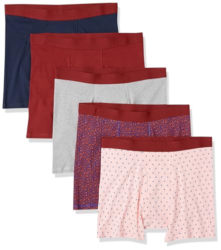 Amazon Essentials Herren Boxershorts ohne Etikett, 5er-Pack, Dunkelblau Floral/Grau Meliert/Hellrosa Diamantenaufdruck/Marineblau/Rot, XS von Amazon Essentials