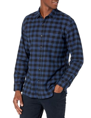 Amazon Essentials Herren Langarmhemd aus Flanell (in Übergröße erhältlich), Blau Schwarz Buffalokaros, M von Amazon Essentials