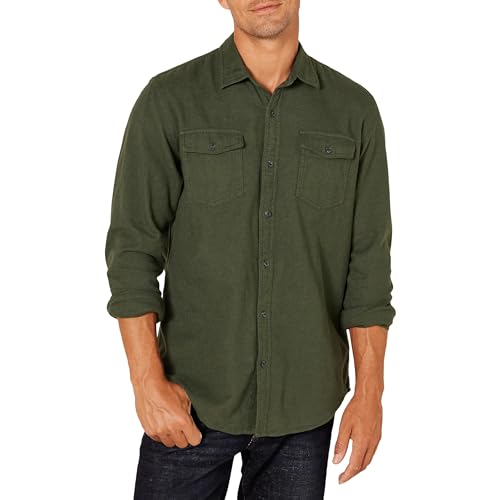 Amazon Essentials Herren Flanellhemd mit 2 Taschen und Langen Ärmeln in normaler Passform, Olivenheide, XL von Amazon Essentials