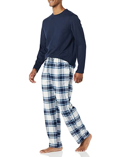 Amazon Essentials Herren Flanellhose und langärmeliges T-Shirt als Pyjama-Set, Grau Marineblau Karomuster, L von Amazon Essentials
