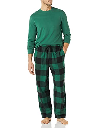 Amazon Essentials Herren Flanellhose und langärmeliges T-Shirt als Pyjama-Set, Grün/Buffalokaros, XS von Amazon Essentials