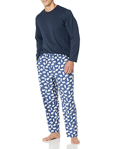Amazon Essentials Herren Flanellhose und langärmeliges T-Shirt als Pyjama-Set, Marineblau Eisbär, XXL von Amazon Essentials
