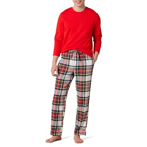 Amazon Essentials Herren Flanellhose und langärmeliges T-Shirt als Pyjama-Set, Rot Tartan Plaid, XXL von Amazon Essentials