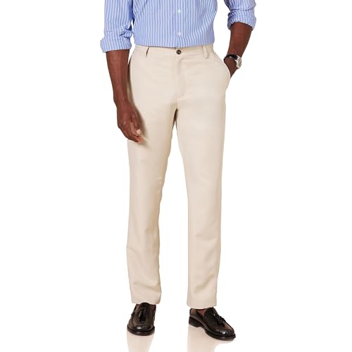 Amazon Essentials Herren Flatfront-Anzughose in schmaler Passform, Stone, 34W / 29L von Amazon Essentials