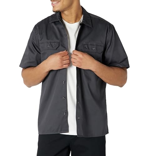 Amazon Essentials Herren Fleckenresistentes und knitterfestes Arbeitshemd mit kurzen Ärmeln, Grau, L von Amazon Essentials