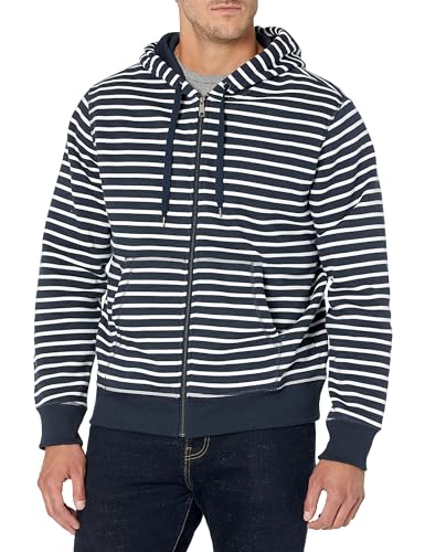 Amazon Essentials Herren Fleece-Kapuzenpulli mit durchgehendem Reißverschluss (erhältlich in den Größen Big & Tall), Marineblau Weiß Streifen, L von Amazon Essentials