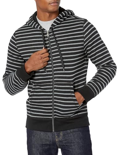 Amazon Essentials Herren Fleece-Kapuzenpulli mit durchgehendem Reißverschluss (erhältlich in den Größen Big & Tall), Schwarz Grau Streifen, XXL von Amazon Essentials