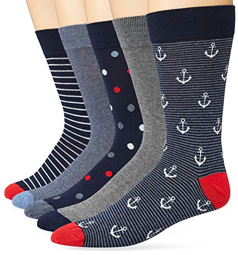 Amazon Essentials Herren Gemusterte Socken (Früher Goodthreads), 5 Paar, Blau/Rot/Grau, Einheitsgröße von Amazon Essentials