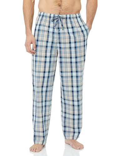 Amazon Essentials Herren Gewebte Straight-Fit Pyjamahose Mit Taschen, Blau Hellorange Madras Plaid, XXL von Amazon Essentials