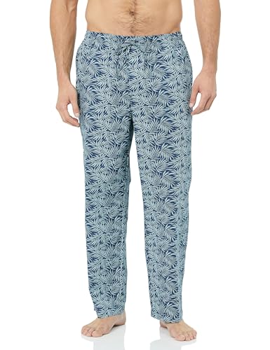 Amazon Essentials Herren Gewebte Straight-Fit Pyjamahose Mit Taschen, Marineblau Weiß Palmenwedel, S von Amazon Essentials