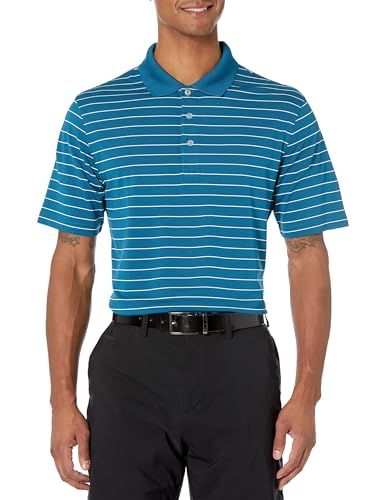 Amazon Essentials Herren Schnell trocknendes Golf-Polohemd mit normaler Passform (erhältlich in Big & Tall), Blaugrün Weiß Streifen, L von Amazon Essentials