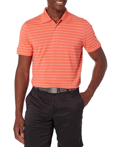 Amazon Essentials Herren Golf-Poloshirt, Schnell Trocknend, Schmale Passform, Korallenorange Streifen, S von Amazon Essentials