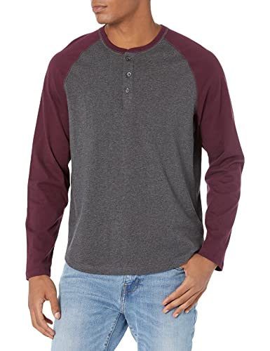 Amazon Essentials Herren Henley-Shirt mit Langen Ärmeln und normaler Passform (erhältlich in Big & Tall), Dunkelgrau Meliert/Maronibraun, M von Amazon Essentials