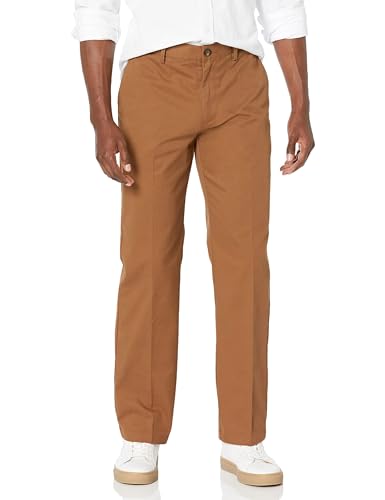 Amazon Essentials Herren Knitterfreie Flatfront-Chinohose in klassischer Passform (erhältlich in Übergröße), Dunkles Khakibraun, 42W / 32L von Amazon Essentials