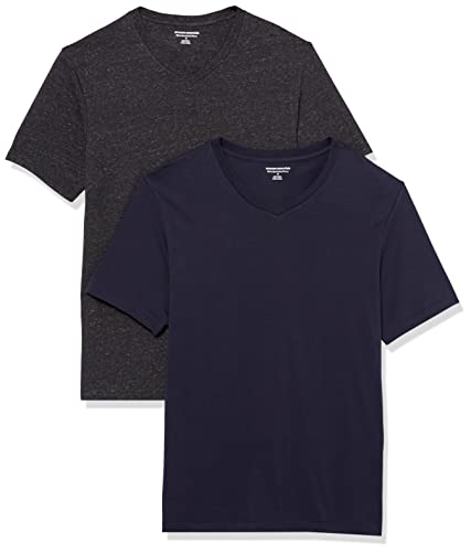 Amazon Essentials Herren Kurzärmelige T-Shirts mit V-Ausschnitt, 2er-Pack, Dunkelgrau Meliert/Marineblau, XS von Amazon Essentials