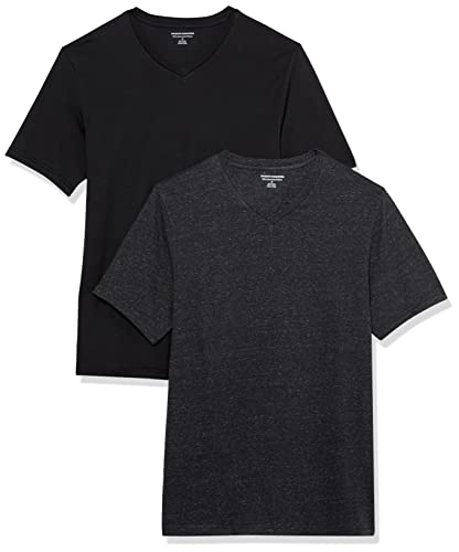 Amazon Essentials Herren Kurzärmelige T-Shirts mit V-Ausschnitt, 2er-Pack, Dunkelgrau Meliert/Schwarz, XS von Amazon Essentials