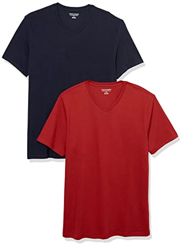 Amazon Essentials Herren Kurzärmelige T-Shirts mit V-Ausschnitt, 2er-Pack, Dunkelrot/Marineblau, M von Amazon Essentials
