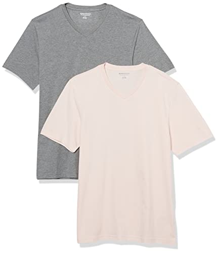 Amazon Essentials Herren Kurzärmelige T-Shirts mit V-Ausschnitt, 2er-Pack, Grau Meliert/Blassrosa, L von Amazon Essentials