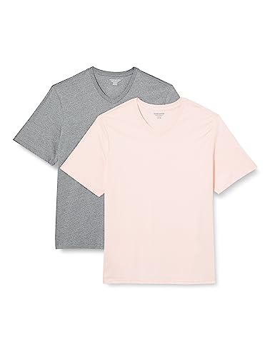 Amazon Essentials Herren Kurzärmelige T-Shirts mit V-Ausschnitt, 2er-Pack, Grau Meliert/Blassrosa, M von Amazon Essentials