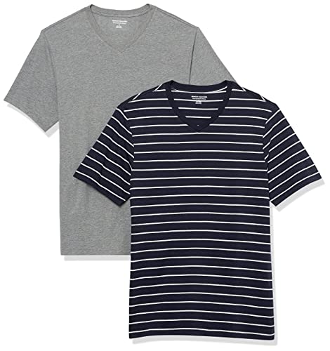 Amazon Essentials Herren Kurzärmelige T-Shirts mit V-Ausschnitt, 2er-Pack, Grau Meliert/Marineblau Streifen, XXL von Amazon Essentials
