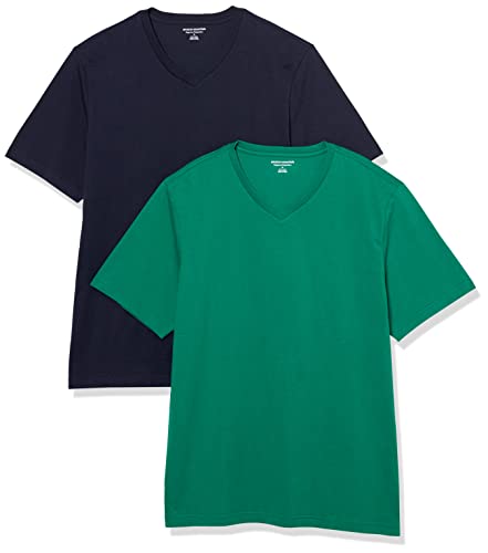 Amazon Essentials Herren Kurzärmelige T-Shirts mit V-Ausschnitt, 2er-Pack, Marineblau/Grün, S von Amazon Essentials