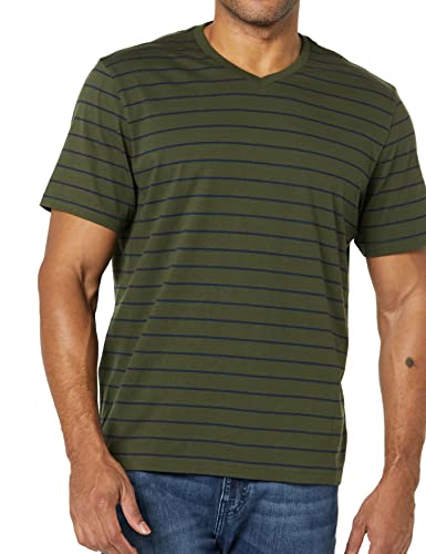Amazon Essentials Herren Kurzärmelige T-Shirts mit V-Ausschnitt, 2er-Pack, Marineblau/Olivgrün/Streifen, M von Amazon Essentials