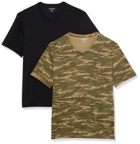 Amazon Essentials Herren Kurzärmelige T-Shirts mit V-Ausschnitt, 2er-Pack, Military Muster/Schwarz, XL von Amazon Essentials