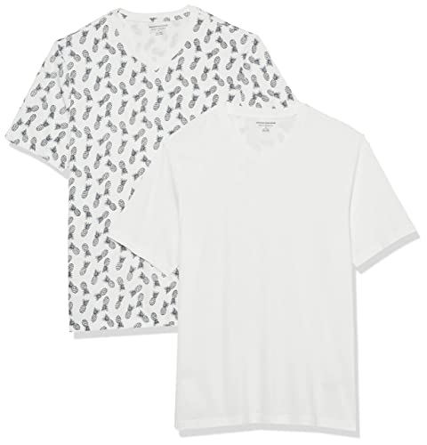 Amazon Essentials Herren Kurzärmelige T-Shirts mit V-Ausschnitt, 2er-Pack, Weiß/Ananasaufdruck, XXL von Amazon Essentials