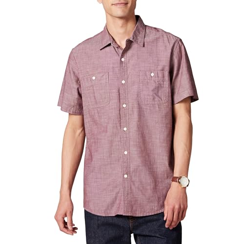 Amazon Essentials Herren Chambray-Hemd mit kurzen Ärmeln in normaler Passform, Burgunderrot, L von Amazon Essentials