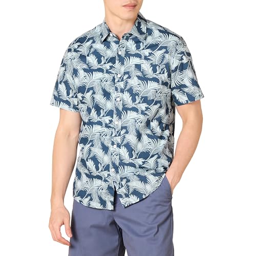 Amazon Essentials Herren Kurzärmeliges Druckhemd, Schmale Passform, Aquablau Marineblau Palmenwedel, XS von Amazon Essentials