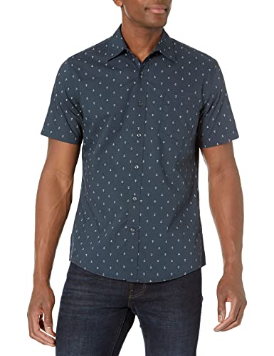 Amazon Essentials Herren Kurzärmeliges Druckhemd, Schmale Passform, Marineblau Weiß Ankermuster, XL von Amazon Essentials