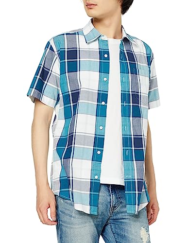 Amazon Essentials Herren Kurzärmeliges Hemd aus Popeline, Normale Passform, Grünblau Weiß Großes Karo, XS von Amazon Essentials