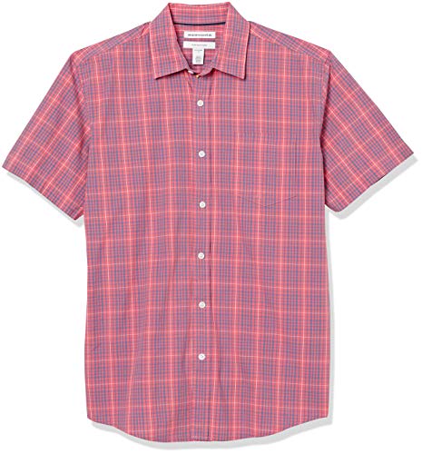 Amazon Essentials Herren Kurzärmeliges Hemd aus Popeline, Normale Passform, Verwaschenes Rot Karomuster, L von Amazon Essentials