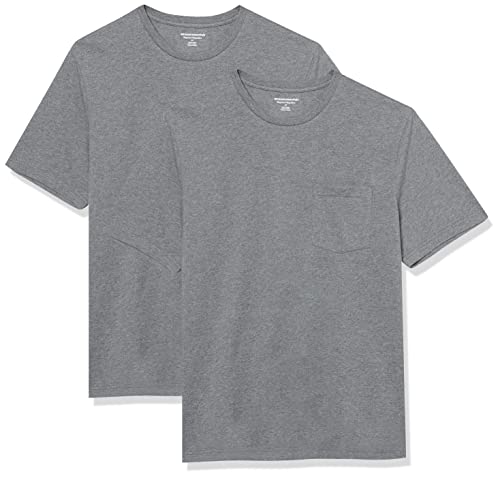 Amazon Essentials Herren Kurzärmeliges T-Shirt mit Rollkragen und Tasche, Schmale Passform, 2er-Pack, Grau Meliert, S von Amazon Essentials