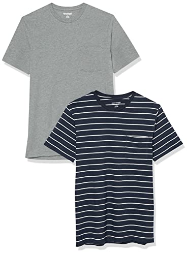 Amazon Essentials Herren Kurzärmeliges T-Shirt mit Rollkragen und Tasche, Schmale Passform, 2er-Pack, Grau Meliert/Marineblau Streifen, S von Amazon Essentials