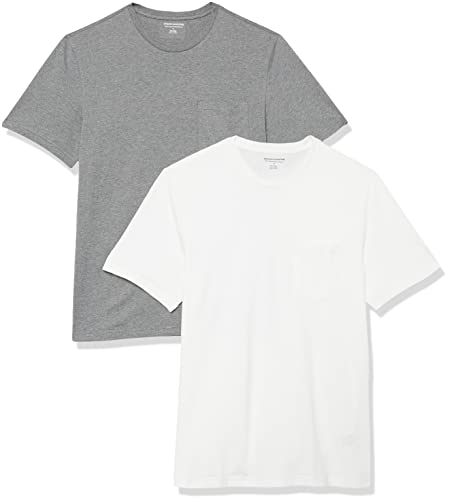 Amazon Essentials Herren Kurzärmeliges T-Shirt mit Rollkragen und Tasche, Schmale Passform, 2er-Pack, Grau Meliert/Weiß, XS von Amazon Essentials